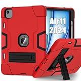 TSQQST iPad Air Case 11 Inch M3 M2 2025 2024 (7th/6th Gen) for Kids Boys Girls, Shockproof Protective Rugged Case with Pencil Holder Stand for iPad Air 7th 6th Generation 11', Red