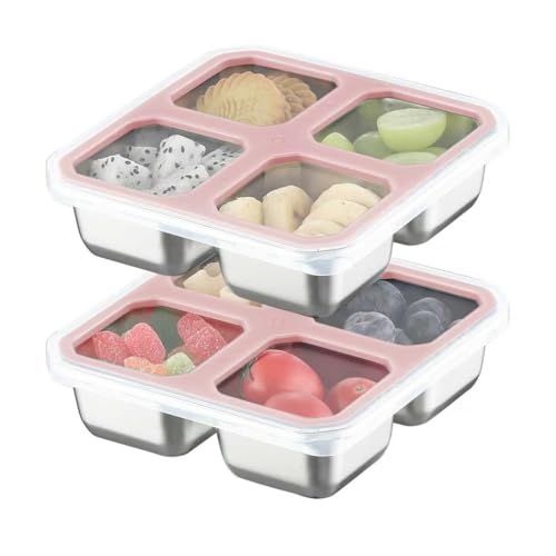 Misichao Stainless Steel Snack Box with 4 Compartments 400 ml Snack Box Children Lunch Box Adults Lunch Box Dishwasher Safe BPA Free (Pink x 2)