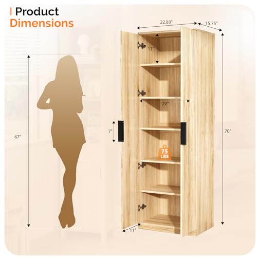 Image of VINGLI 70 inch Modern Pantry Cabinet with Fluted Doors, 5 Adjustable Shelves, Tall Storage Solution for Kitchen, Dining Room, or Living Room, Oak