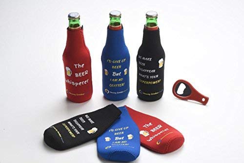 Beer Bottle Sleeves- Set Of 6 Multi Color Zipper Coolies With Funny Quotes - Thick Neoprene - Fully Stitched, Non-Glued Base - Thermosuit Cooler + Bottle Opener - Trendy & Awesome Any Occas. Gift #3Fq #TOP5