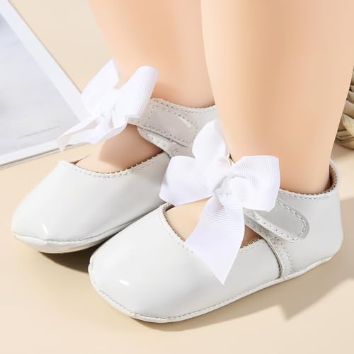 Infant Baby Girls Mary Jane Flats Bowknot Wedding Shoes Soft Sole Lightweight Newborn Sneakers First Walker Non-Slip Crib Shoes for 0-6-12-18 Months Princess Dress Shoes for 0-1-1.5 yrs Old2