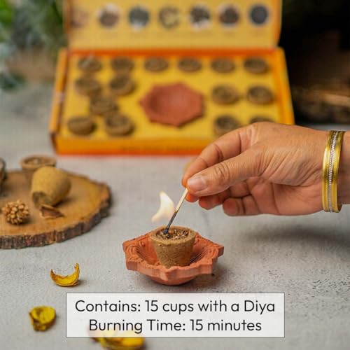 Image of Nirmalaya Premium Organic Havan Cups Variety Pack 60 pcs | Desi Cow Dung, Rooh Gulab, Sambrani, Kesar Sandalwood Dhoop Cups for Pooja | Includes Diyas Stands | Havan Samagri Offering