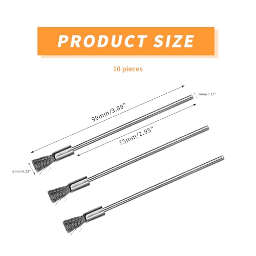 Image of 10PCS Small Rotary Wire Brush Set - 3x6x100mm Stainless Steel Cleaning Brushes with Extended Steel Shank for Metal, Paint, and Rust Removal(Silver)