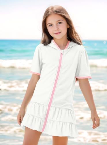 BesserBay Girls Summer Beach Quick Dry Cover Up Ruffle Hem Terry Smocked Hooded 4-14 Years with Pockets3
