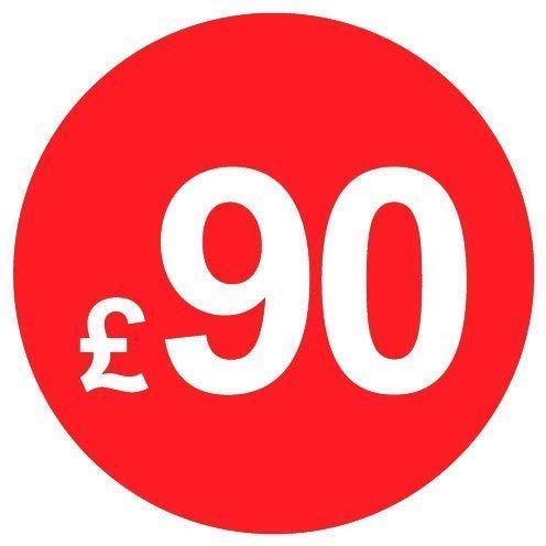 Pack of 500-20mm Price Stickers - Choose from 10p to £95 - Bright Red - Many Prices to Choose from (£90 - Red)