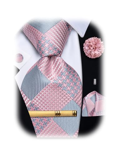 Image of YourTies Striped Plaid Ties for Men Silk Formal Necktie Set | 3.15 inch(8cm) Woven Jacquard Mens Ties with Necktie Pocket Square Cufflink Tie Clip Lapel Pin for Wedding Business Party