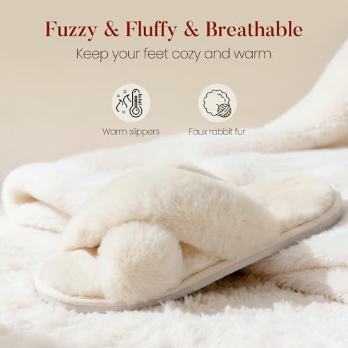 Image of Ankis Memory Foam Fuzzy Slippers for Women,Open Toe House Shoes | Faux Fur Cross Band,Indoor Outdoor Slippers, Anti-Slip, Comfy, Cozy, Fluffy, Gifts for Women, Mom Bride Bridesmaids