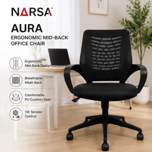 Image of NARSA Aura Ergonomic Mid-Back Office Chair with Breathable Mesh Back, PU Cushion Seat, Fixed Armrests, Tilt Control & Smooth Caster Wheels, Computer Desk Chair for Home Office Work, Self Assembly