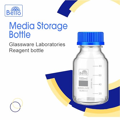 Image of Bello Borosilicate Glass reagent bottle 100ml with leak proof Blue Screw Cap pack of 6pcs for glassware wide mouth sample bottles for lab, laboratory, kitchen and professional use