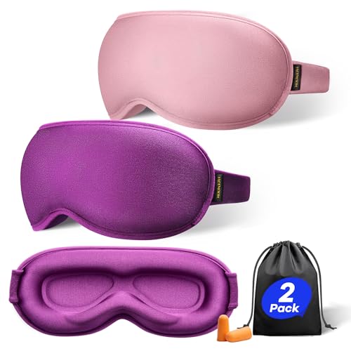 Weighted Sleep Mask 2 Pack - 3D Contoured Eye Masks for Sleep, Best Blackout Sleep Masks for Women Men, Eye Mask for Travel, Meditation, Airplane, Memory Foam, Adjustable Strap, Pink, Purple