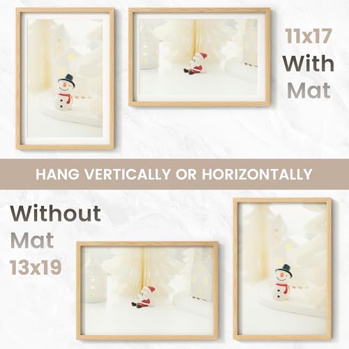 Image of 13x19 Picture Frame, USA-Sourced Natural Oak Wood Photo Collage Frame with HD Tempered Glass, Modern Simple 13x19 Wooden Frame Matted to 11x17, Vertical & Horizontal Wall Hanging Display