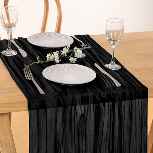 Image of MLMC 3 Pack Black Table Runner 10ft Rustic Gauze Cheesecloth Table Runner 35x120 Inches Cheese Cloth Centerpiece for Wedding Party Bridal Shower Anniversary Events Gothic Decor