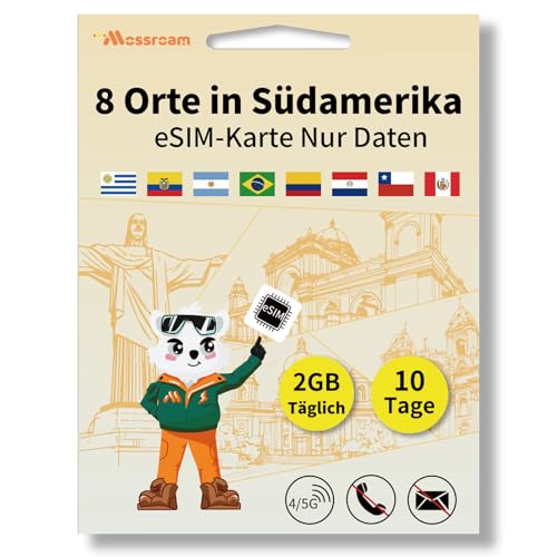 eSIM für 8 Länder in Südamerika, Internationale Reisen, 4/5G LTE Prepaid 10-Tage-Plan, nur 2 GB Daten täglich