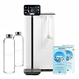 LANGWATER Auftisch Osmoseanlage mit Anpassbarer Mineralisierung & Heißwasserspender - Umkehrosmoseanlage mit 4-stufigem Wasserfilter & 2 Mineralpacks - 1-Liter-Glasflasche mit Glasverschluss