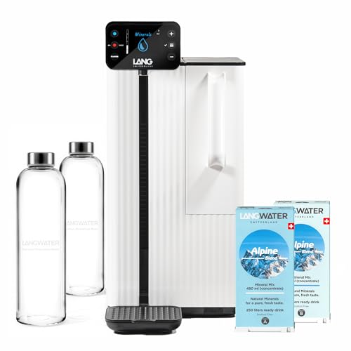 LANGWATER - Depuratore Acqua Domestico Portatile - Osmosi Inversa e Mineralizzazione - Senza Installazione - Erogatore di Acqua Calda - Da Banco - Con Pack di Minerali e Bottiglia di vetroI