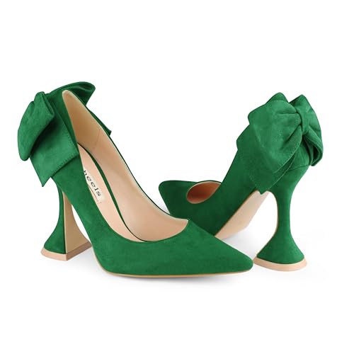 Image of Zzheels Women's Bow Heels Pointed Toe Chunky Pumps | Back Bow, Flare Heels, Block Heels, Bridal Wedding Shoes