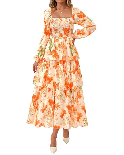 BTFBM Fall Dresses for Women 2025 Floral Long Sleeve Smocked Square Neck Casual Ruffle Tiered Flowy Wedding Guest Dress(Floral Apricot Orange, Small)
