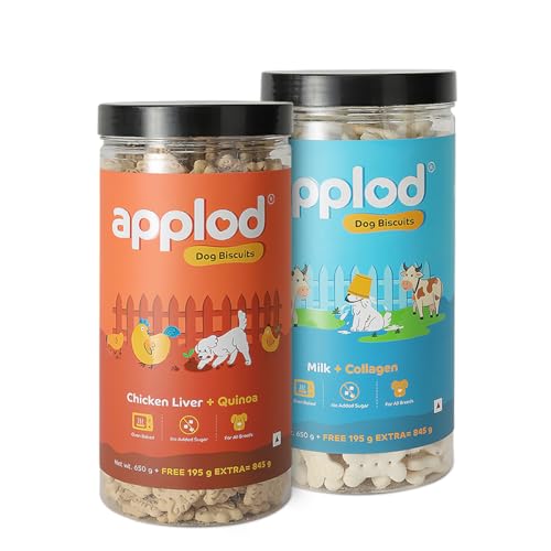 Image of Chicken Liver with Quinoa & Milk with Collagen Dog Biscuits Combo for Puppies & Adult Dogs, All Breeds | Oven-Baked Crunchy Dog Treats & Biscuits | Pack of 2 Flavours | 845g x 2