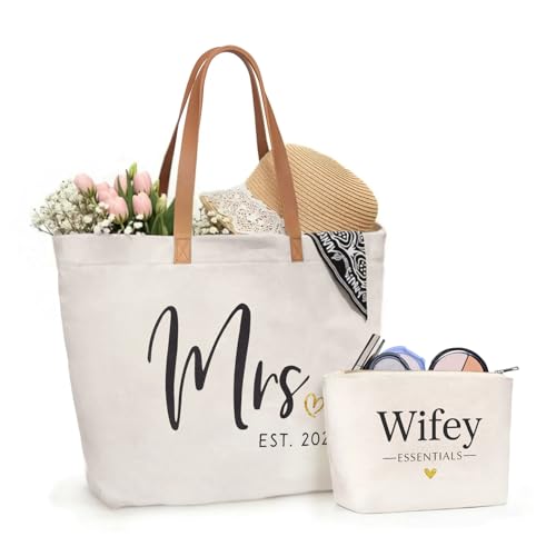 Image of ELEGANTPARK Mrs Gifts Future Mrs. 2026 Bag Wedding Gifts for Bride Bridal Shower Bachelorette Party Honeymoon Travel Large Shoulder Bags Canvas Totes with Zipper Set of 2