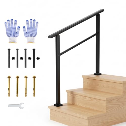Garvee Outdoor Handrail for Steps, 3 Step Stair Handrail & Indoor Stair Railing Kit, Black Aluminum Railing with Iron Poles for Outdoor Indoor Steps &