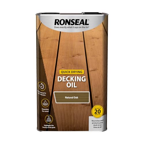 Ronseal Quick Drying decking Oil in Natural Oak Shade 5 Litre tin Suitable for Nourishing and Protecting Exterior Wooden decking While Enhancing the Natural Wood Appearance.