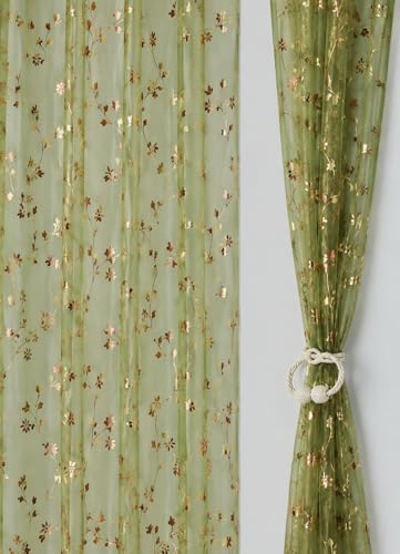 Image of littlelotus Floral Print Tissue Net Sheer Transparent Grommet Curtains for Window 5 feet Long Set of 2, Green