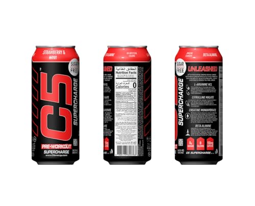 C5 Energy Drink Supercharge Strawberry & Kiwi Pre-Workout, 200mg Caffeine, Sugar Free, Zero Calories, with Beta Alanine, L-Arginine, 473ml (16fl.oz)