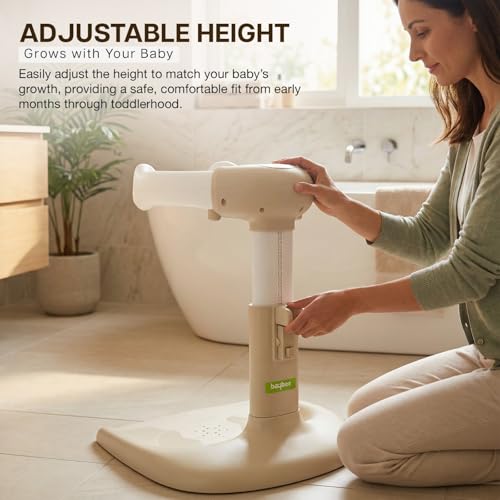 Image of BAYBEE Babyflo Shower Bath Stand for Baby for 0 - 3 Years for Kids | Baby Standing Bath Stand with Adjustable Height & Width | Foldable Kids Bathstand with Shower Holder & Anti-Slip Base (Beige)