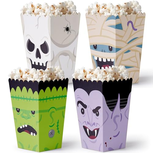 Big Dot of Happiness Halloween Monsters - Skeleton, Dracula, Frankenstein, and Mummy Treat Bags - Halloween Party Popcorn Boxes - Set of 12