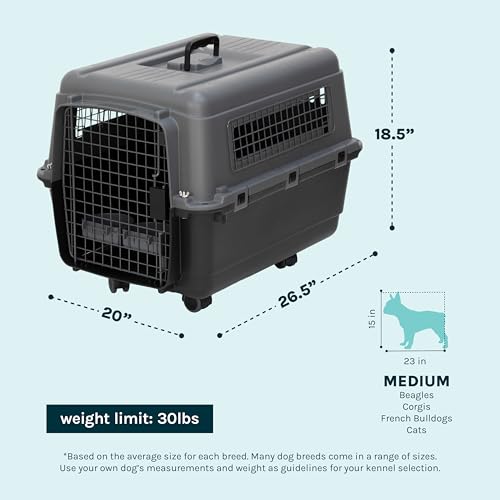 Image of SportPet Airline Compliant MEDIUM 26.5 inch Travel Dog Kennel-Durable Plastic Airline Pet Carrier w / Removable Wheels & Food Bowls, Collapsible Indoor /Outdoor Dog Kennel, Dogs up to 23 inchL & 15 inchH-Dark Gray