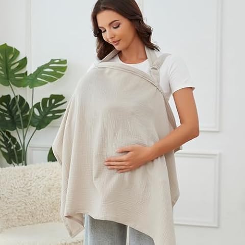 Muslin Nursing Cover for Breastfeeding, Breathable 100% Cotton Privacy Nursing Covers with Rigid Hoop for Mother Nursing Apron, Soft Arch Neckline Nursing Apron (Summer Wheat) Cover
