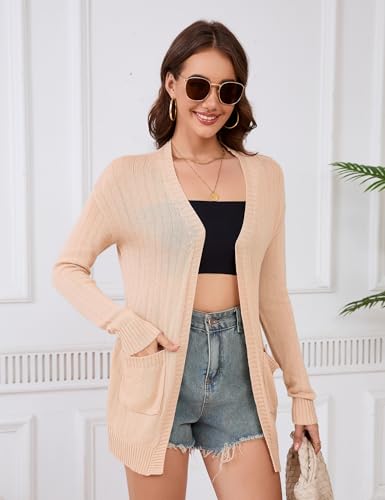 Image of Womens Open Front Lightweight Cardigans Oversized Two Pockets Long Sleeve Knit Sweaters