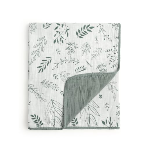Image of CREVENT 40''X40'' 100% Organic Cotton Muslin Baby Blanket for Newborns, Essential for Baby Shower Birthday Gift - Green Leaves 100X100cm