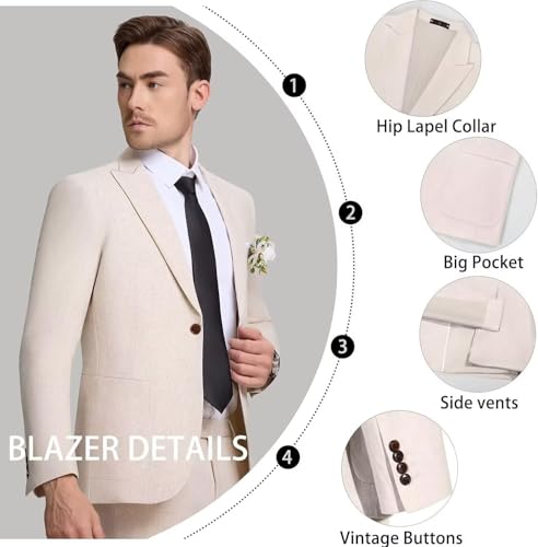 Linen Suits for Men 2 Piece Slim Fit Casual Beach Wedding Summer Grooms Groomsmen Linen Blazer Pants Suit3