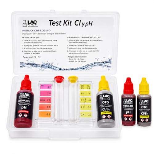 Medidor Cloro y PH Piscinas KIT ANÁLISIS CLORO, PH y BROMO - Calidad certificada Laboratorios LAC (Analizador pH y Cloro/Bromo liquido LAC + 1 recambio)