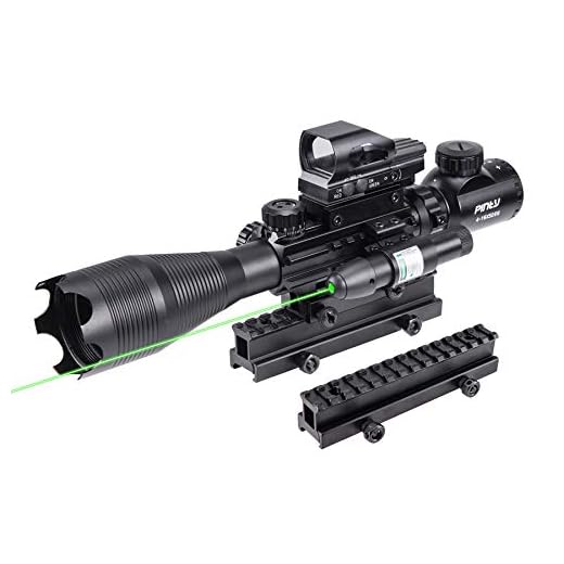 Pinty Rifle Scope 4-16X50 Illuminated Optics Sight Green Laser, Reflex Holographic Dot Sight, Riser Mount 14 Slots 1 inch High Riser Mount
