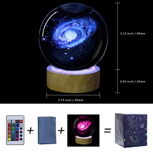 Image of 3D Galaxy Crystal Ball Night Light with Remote Upgraded 3.15 Inch Galaxy Planets Glass Ball Lamps with 16 Color LED Wooden Base for Birthday, Astronomy Space Universe Gifts for Boys Girls