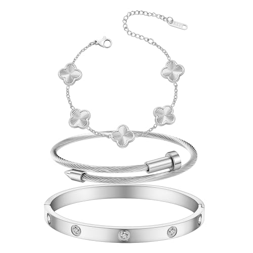 Womens Bracelet 18K Gold Plated Cuff Bangle Clover Bracelet Set for Women Four Leaf Lucky Bangle Jewelry Gift of Love