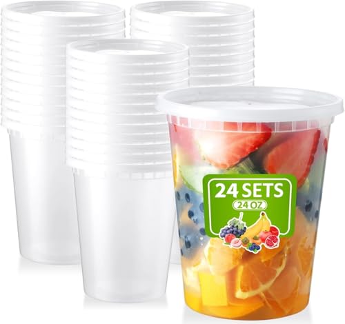 LATERN 24 Stück Kunststoffbehälter mit Deckel, 720ml /24oz Wiederverwendbare Aufbewahrungsbecher für Lebensmittel Auslaufsicher Vorratsbehälter für Suppen Deli-Cups zum Essenszubereitung