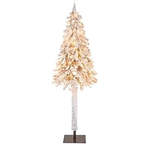 Goplus 6ft Pre Lit Slim Pencil Christmas Tree Artificial Snow Flocked Xmas Tree with 175 Warm White Incandescent Lights 442 Branch Tips Metal Plate Stand for Office Home Holiday Decor