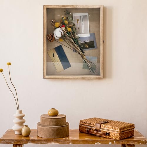 Image of GraduationMall 13x16 Shadow Box Frame Solid Wood Glass Door Display Case with Linen Back and 6 Stick Pins,1.5 inches Interior Depth,Ideal for Memorabilia Pictures Flowers Medals Tickets