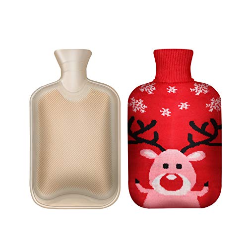 Botella de agua caliente (2L) con cubierta de punto suave - caucho natural - diseño de Navidad