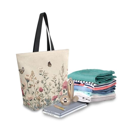 Extra Large Shoulder Tote Bag for Beach Travel Weekender Gym Vintage Wildflowers Butterfly Red Green Beige Reusable Grocery Canvas Shopping Bag3
