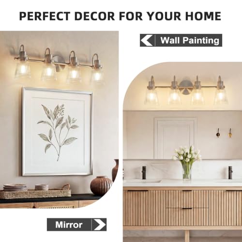 Image of 4-Light Bathroom Light Fixtures 25.7 Inch Brushed Nickel Vanity Lights for Bathroom Lighting Fixtures Over Mirror with Clear Striped Glass Shade for Mirror Bedroom Hallway