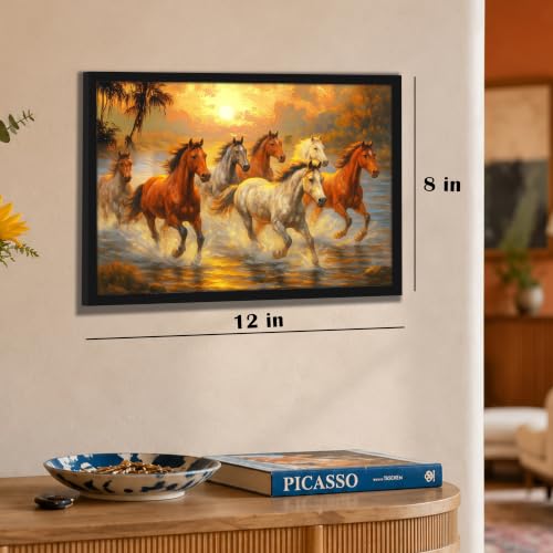 Image of PAINTINGMANTRA 7 Running Horses Vastu Framed Wall Art Painting For Living Room, Seven Horses Vastu Poster with frame for Wall, Decoration item for bedroom, 10x13 Inch
