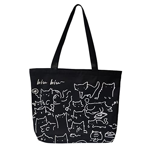 Youlity Damen Katzendruck Tragetasche Stofftasche Canvas Tasche Umhängetasche mit Reißverschluss und Innentasch Groß Lässige Handtasche Shopper Schultertasche Geschenk für Katzenliebhaber (Schwarz) Cover