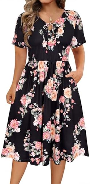 RITERA Plus Size Dresses for Curvy Women Short Sleeve V-Neck Summer Dress Floral/Solid Midi Sundress with Pockets XL-5XL