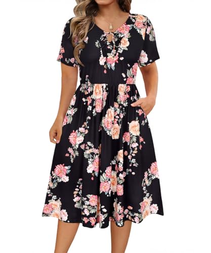 Image of RITERA Plus Size Dresses for Curvy Women Short Sleeve V-Neck Summer Dress Floral /Solid Midi Sundress with Pockets XL-5XL