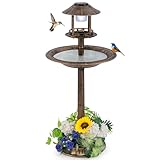 Giantex 42 inch Bird Bath Solar Lighted, Pedestal Bird Bath with Bird Feeder, Flower Planter Base, Solar Powered Lamp, 3 Ground Stakes, Standing Birdbath for Outside Garden Yard Outdoor (Bronze)