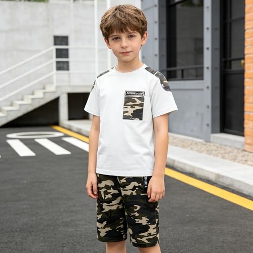 Image of LOLANTA Boy Summer Outfit Casual Clothes 2Pcs Cotton T-shirt Shorts Set | Kids Short Sleeve T-Shirt, Boy Camouflage Knee-length Shorts, Breathable Fashion Outfits, School Daily Matching Clothing Sets
